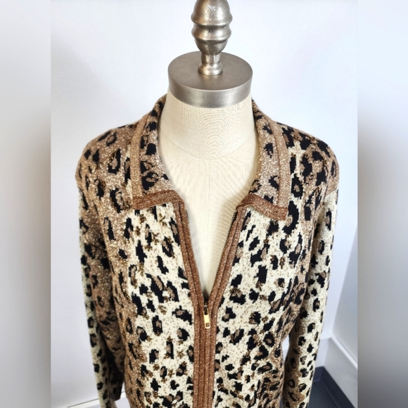 LISA Original Women's Leopard Print Zip Up Knit Jacket Shoulder Pad Cardigan, MD - Picture 4 of 16